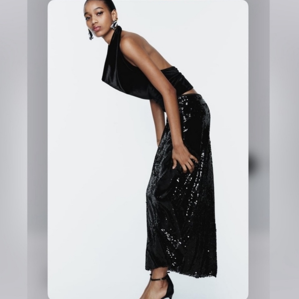 ZARA SEQUIN MIDI SKIRT size XS Black - Picture 7 of 13